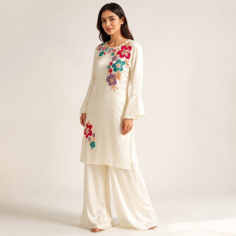 Ivory Floral Embroidered Indo-Western Set