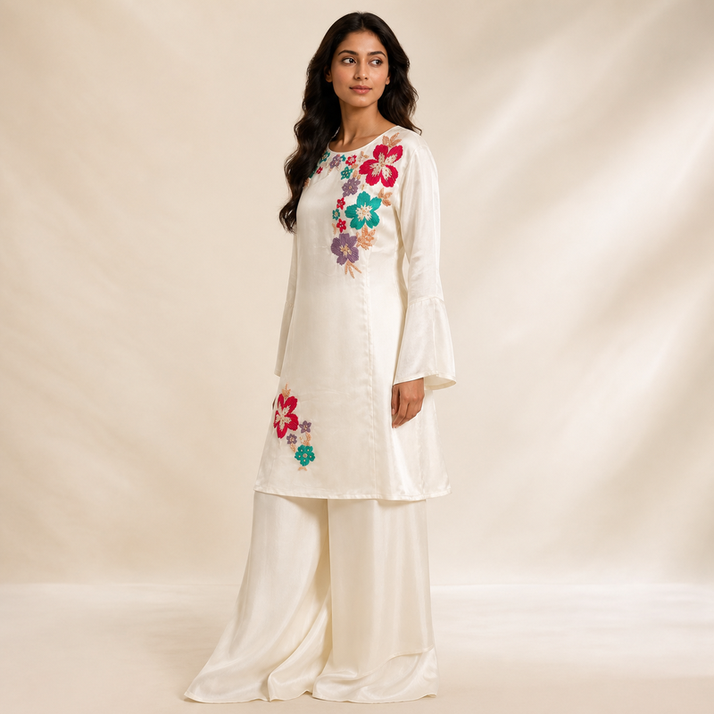 Ivory Floral Embroidered Indo-Western Set