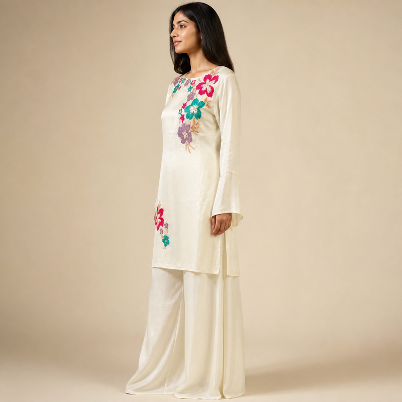 Ivory Floral Embroidered Indo-Western Set
