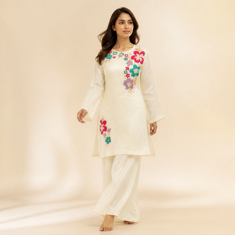 Ivory Floral Embroidered Indo-Western Set