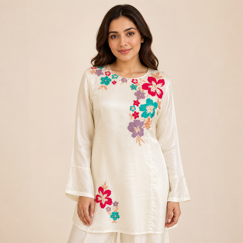 Ivory Floral Embroidered Indo-Western Set