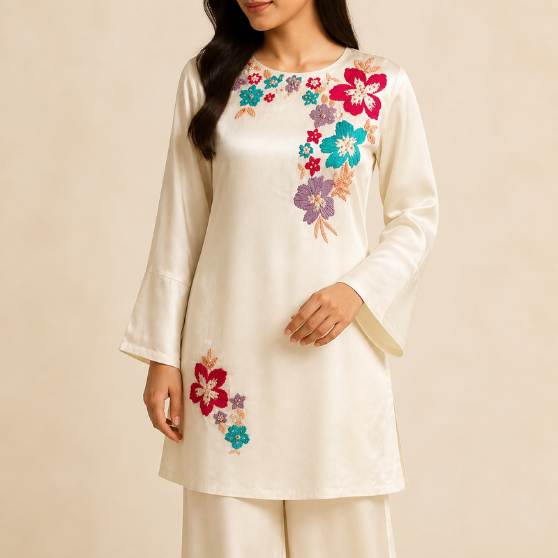 Ivory Floral Embroidered Indo-Western Set