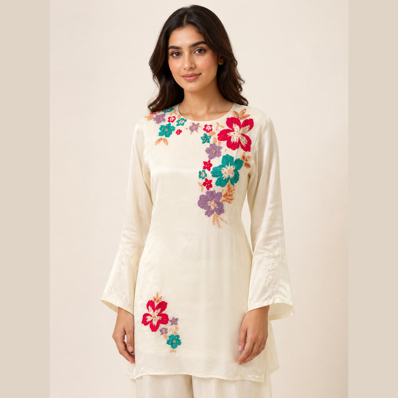 Ivory Floral Embroidered Indo-Western Set
