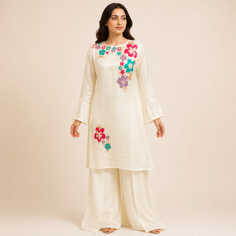 Ivory Floral Embroidered Indo-Western Set