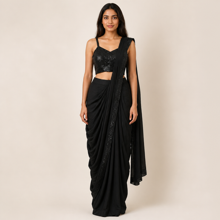 Black Sequin Draped Indo-Western Set