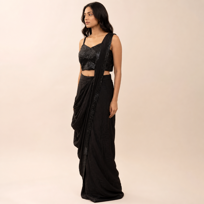 Black Sequin Draped Indo-Western Set