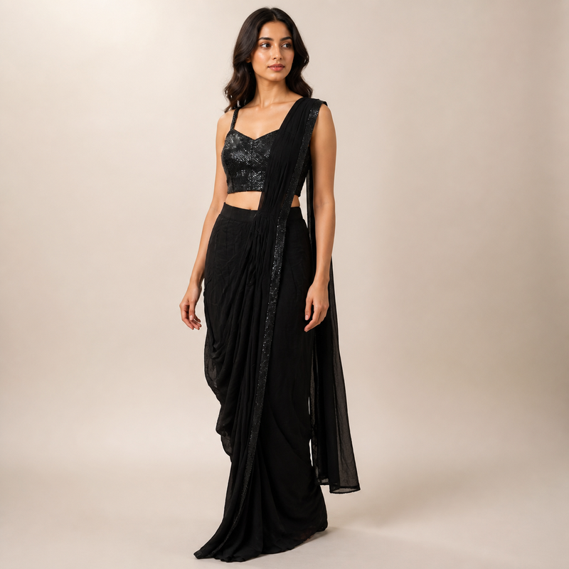 Black Sequin Draped Indo-Western Set