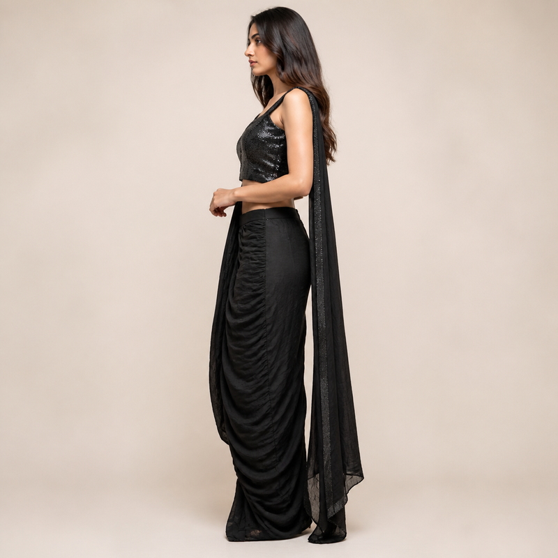 Black Sequin Draped Indo-Western Set