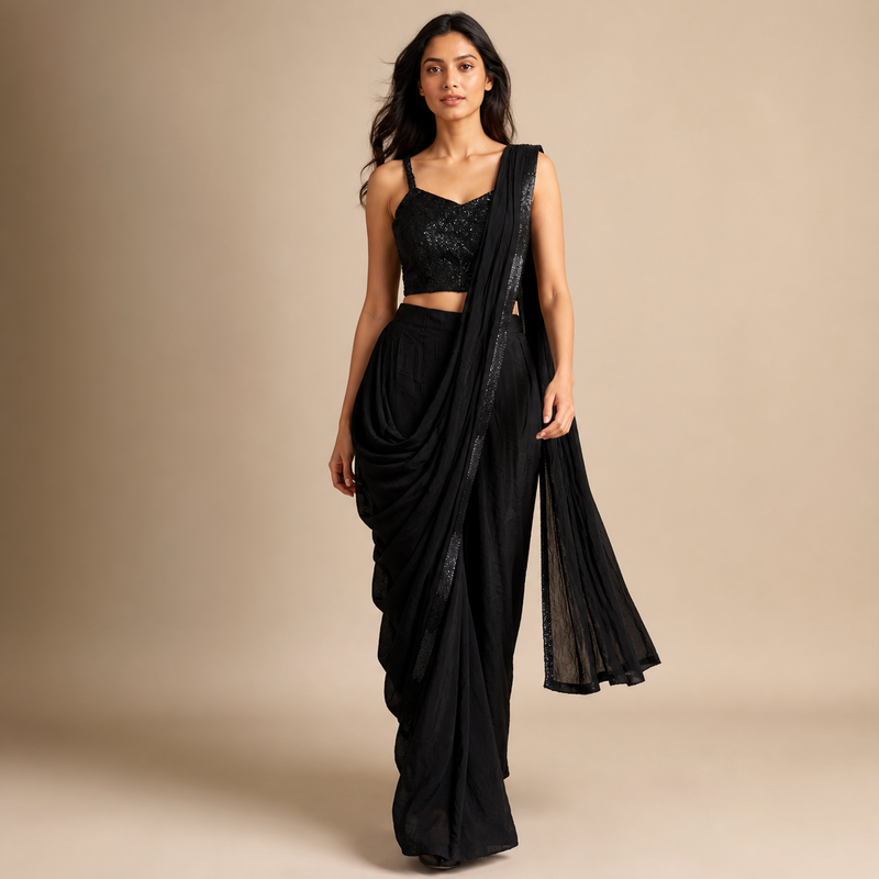 Black Sequin Draped Indo-Western Set
