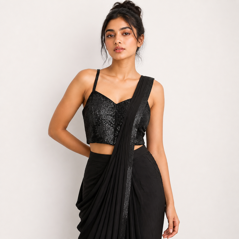 Black Sequin Draped Indo-Western Set