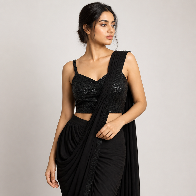 Black Sequin Draped Indo-Western Set