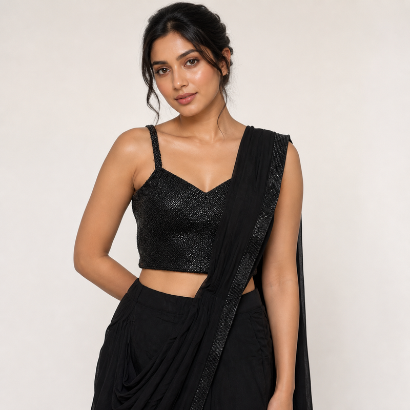 Black Sequin Draped Indo-Western Set