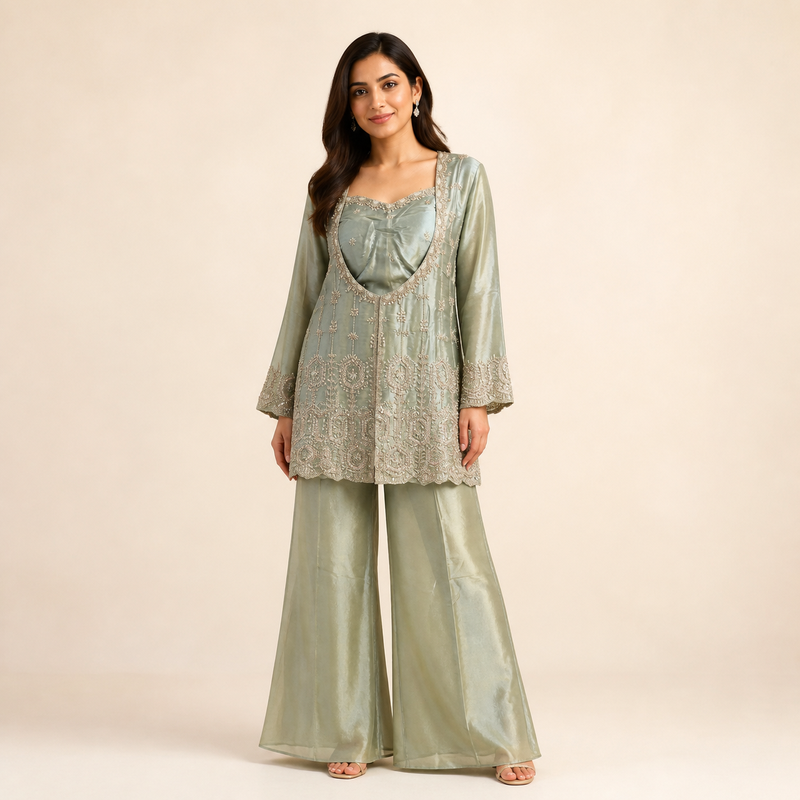 Sage Embellished Tunic & Palazzo Set
