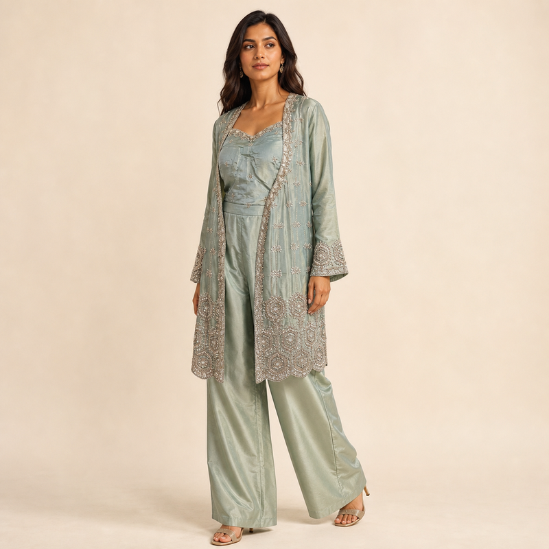Sage Embellished Tunic & Palazzo Set
