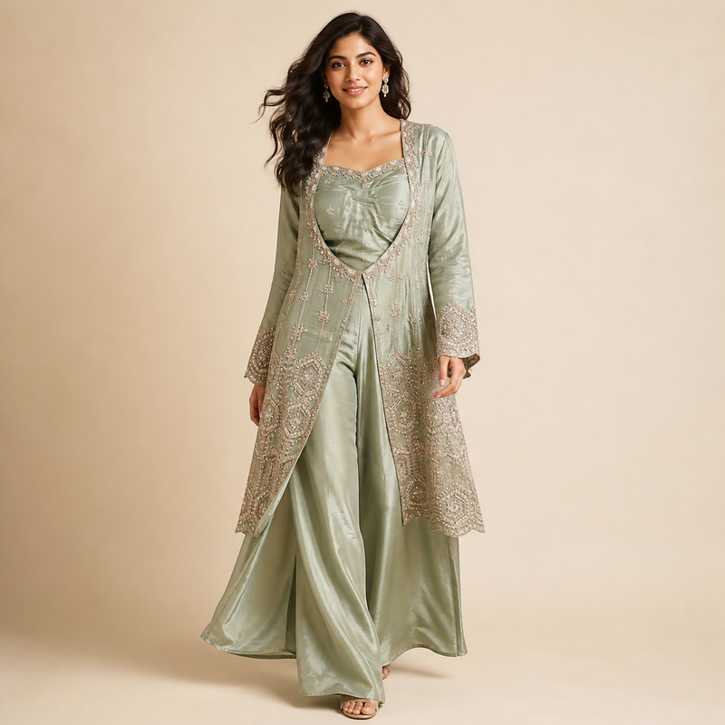 Sage Embellished Tunic & Palazzo Set