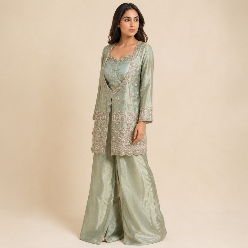 Sage Embellished Tunic & Palazzo Set