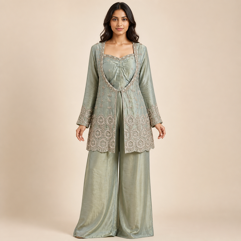 Sage Embellished Tunic & Palazzo Set