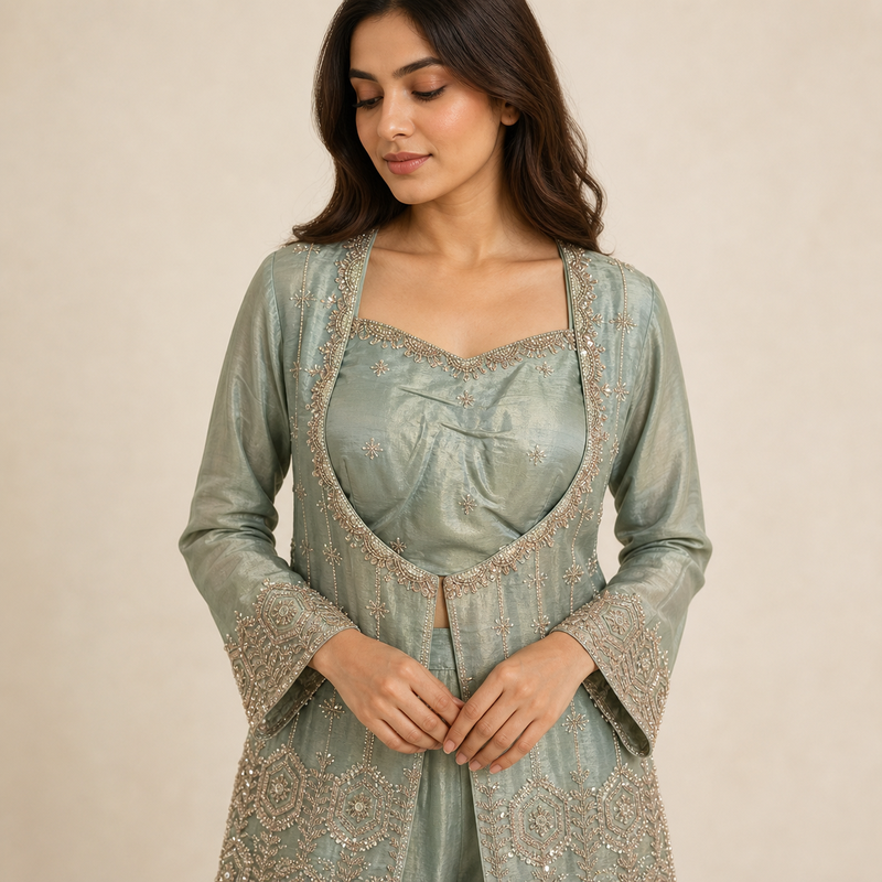 Sage Embellished Tunic & Palazzo Set