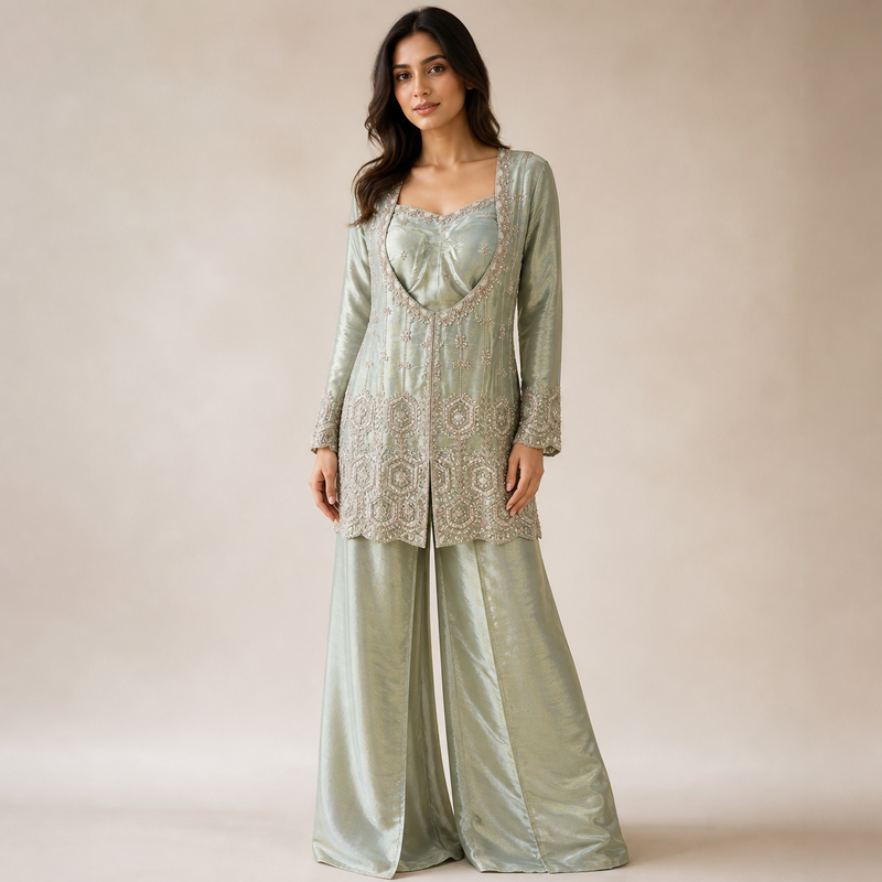 Sage Embellished Tunic & Palazzo Set