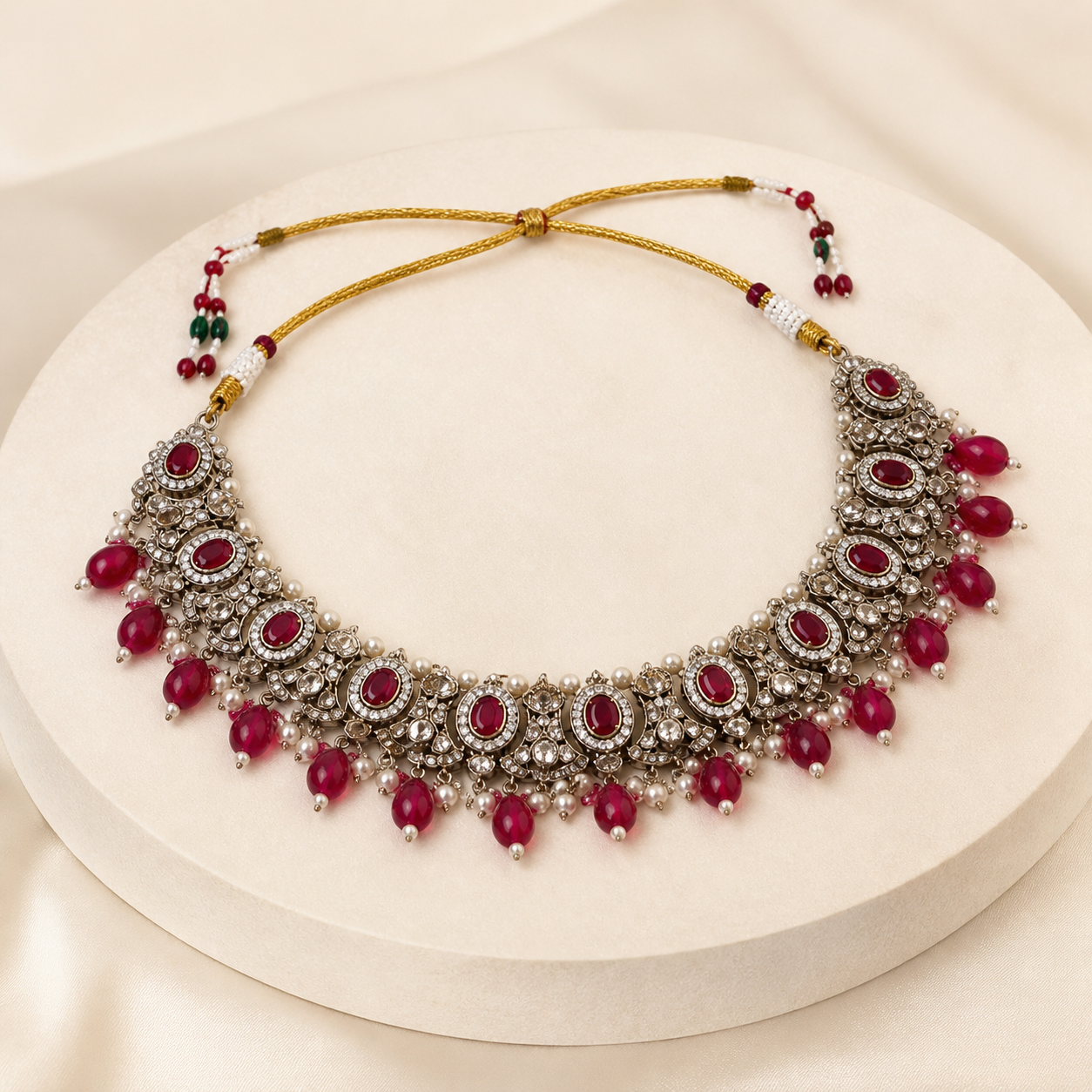 Ruby Red Kundan Choker Jewellery Set with Pearl-Strand Earrings & Maang Tikka