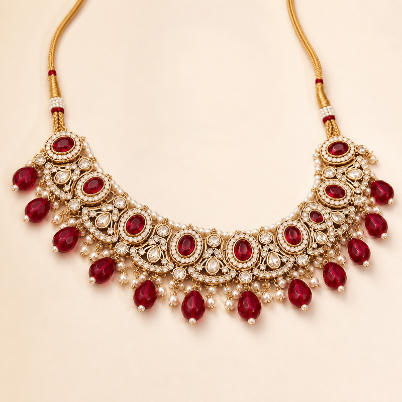 Ruby Red Kundan Choker Jewellery Set with Pearl-Strand Earrings & Maang Tikka