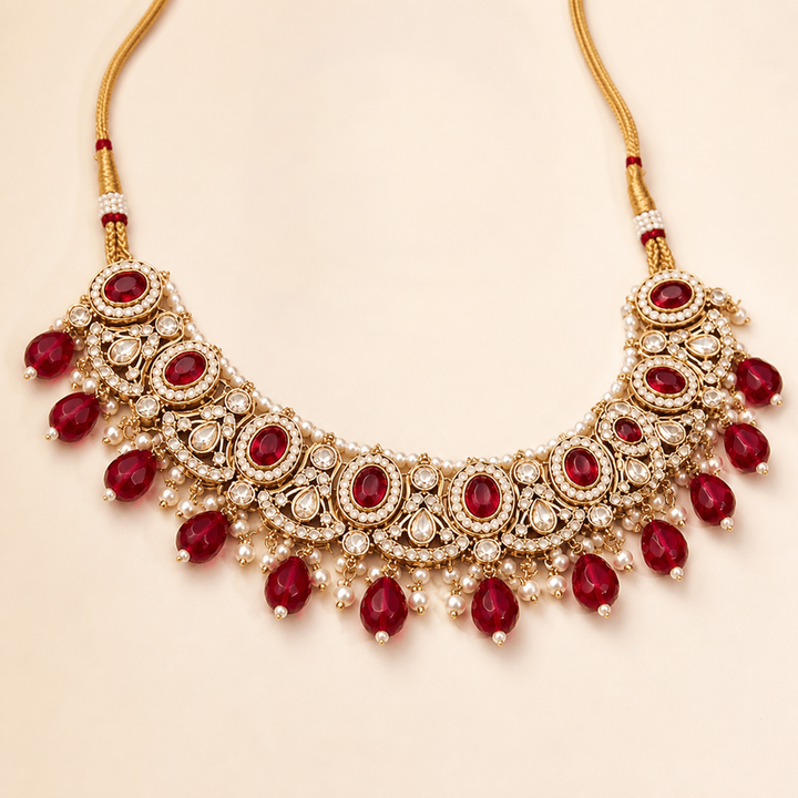 Ruby Red Kundan Choker Jewellery Set with Pearl-Strand Earrings & Maang Tikka
