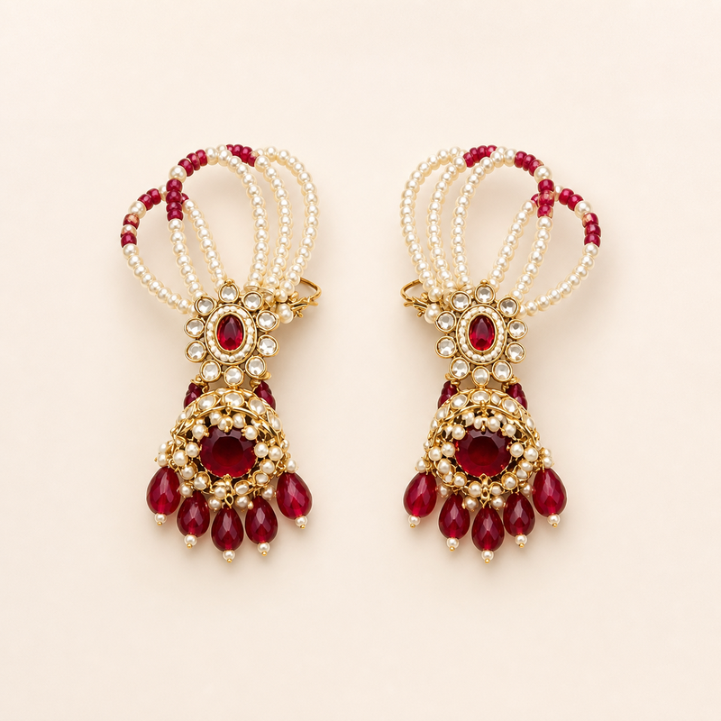 Ruby Red Kundan Choker Jewellery Set with Pearl-Strand Earrings & Maang Tikka