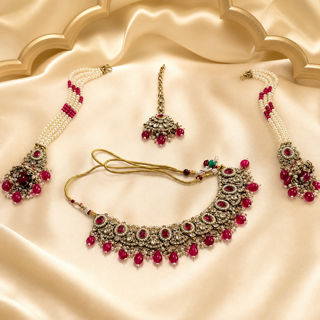 Ruby Red Kundan Choker Jewellery Set with Pearl-Strand Earrings & Maang Tikka
