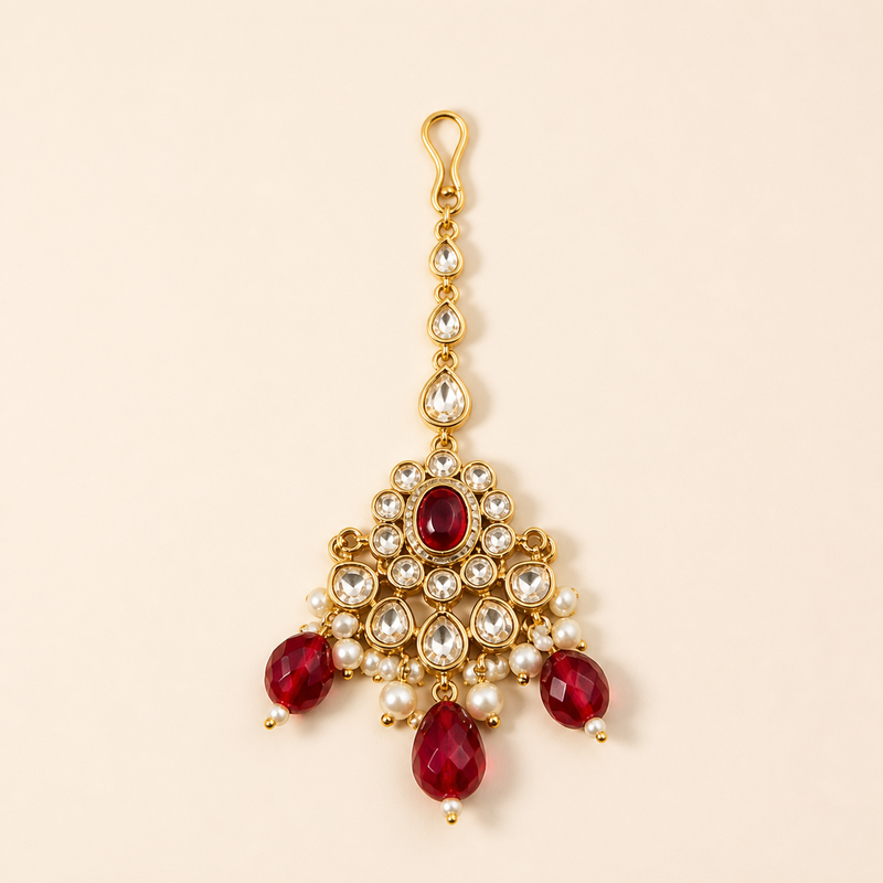 Ruby Red Kundan Choker Jewellery Set with Pearl-Strand Earrings & Maang Tikka