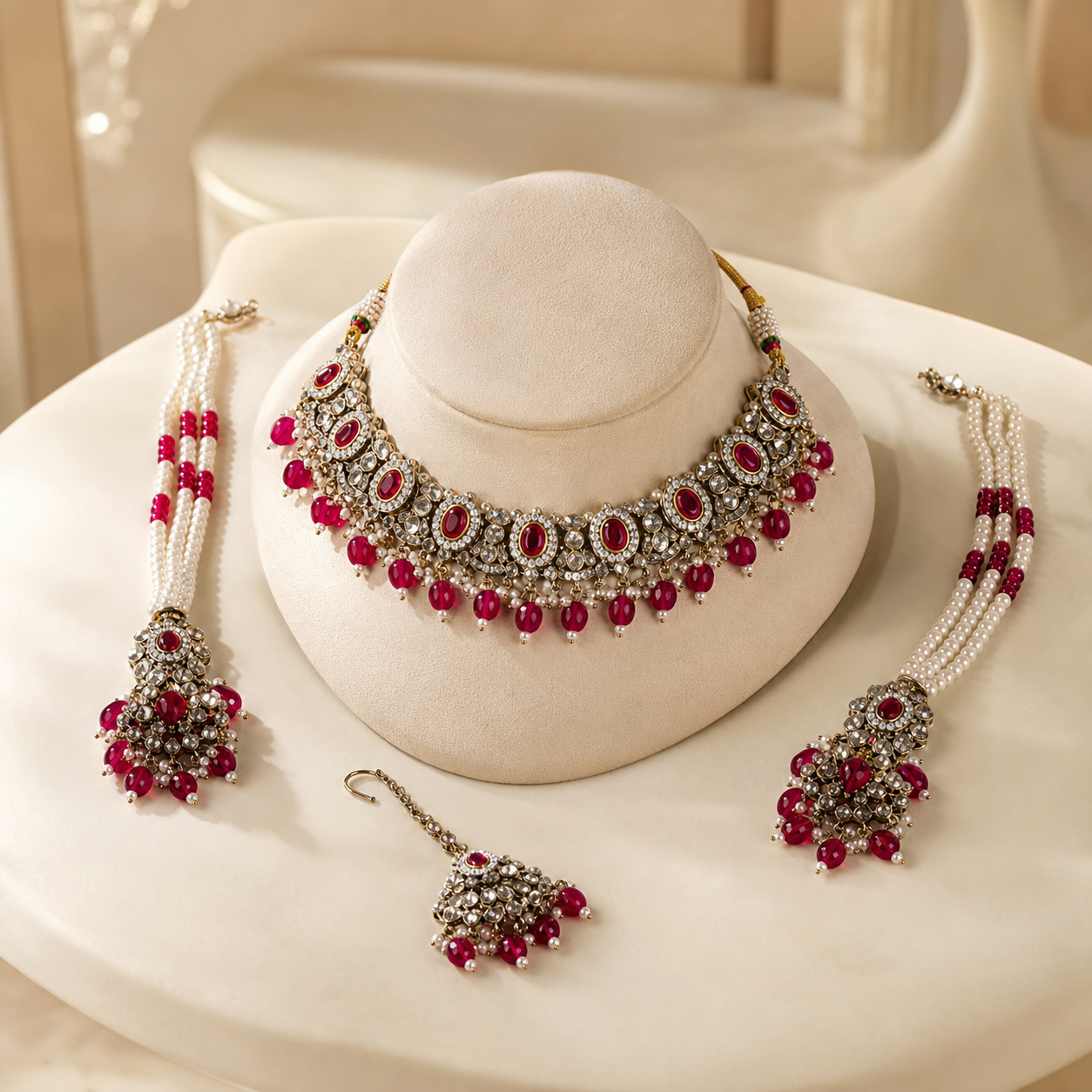 Ruby Red Kundan Choker Jewellery Set with Pearl-Strand Earrings & Maang Tikka
