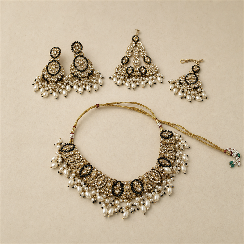 Black and Gold Kundan Choker Jewellery Set with Pearl Drops, Earrings, Maang Tikka & Passa