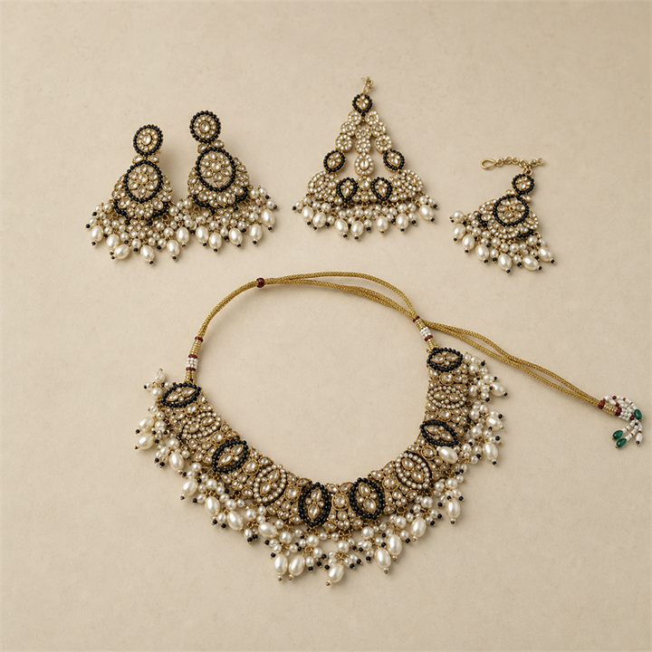 Black and Gold Kundan Choker Jewellery Set with Pearl Drops, Earrings, Maang Tikka & Passa