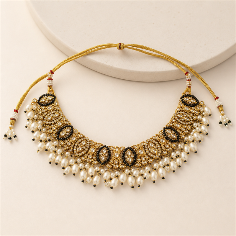 Black and Gold Kundan Choker Jewellery Set with Pearl Drops, Earrings, Maang Tikka & Passa