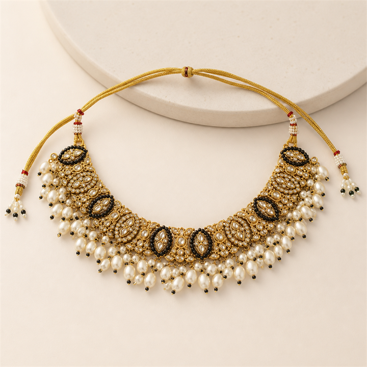 Black and Gold Kundan Choker Jewellery Set with Pearl Drops, Earrings, Maang Tikka & Passa