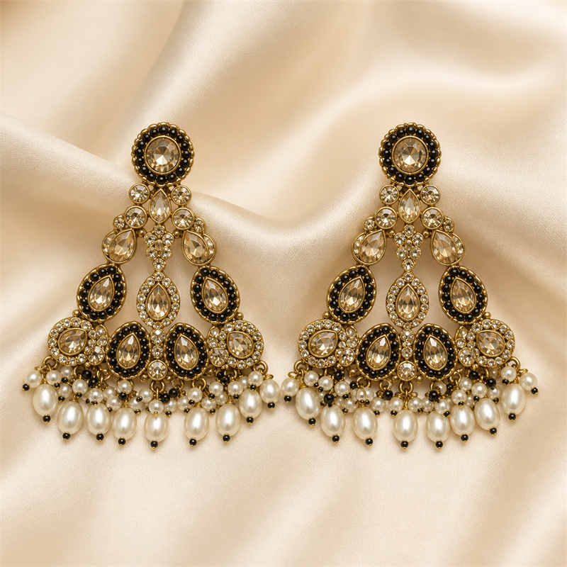 Black and Gold Kundan Choker Jewellery Set with Pearl Drops, Earrings, Maang Tikka & Passa