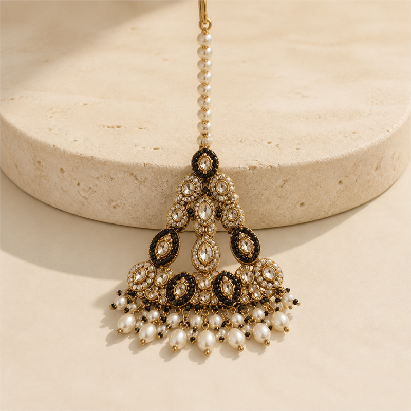 Black and Gold Kundan Choker Jewellery Set with Pearl Drops, Earrings, Maang Tikka & Passa