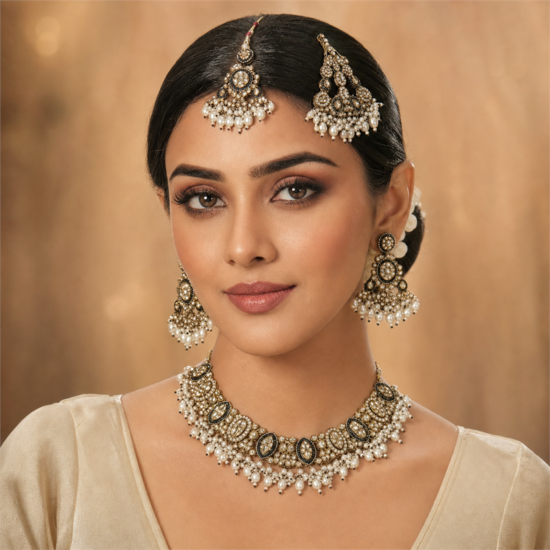 Black and Gold Kundan Choker Jewellery Set with Pearl Drops, Earrings, Maang Tikka & Passa