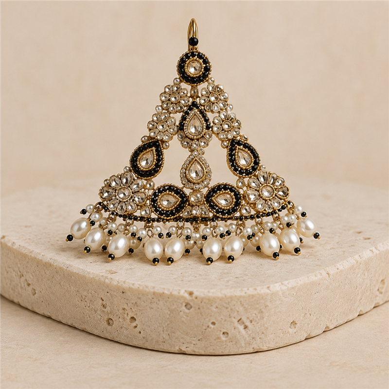 Black and Gold Kundan Choker Jewellery Set with Pearl Drops, Earrings, Maang Tikka & Passa