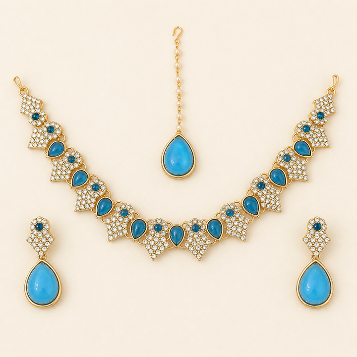 Aqua Blue Teardrop Necklace Set with Earrings & Maang Tikka