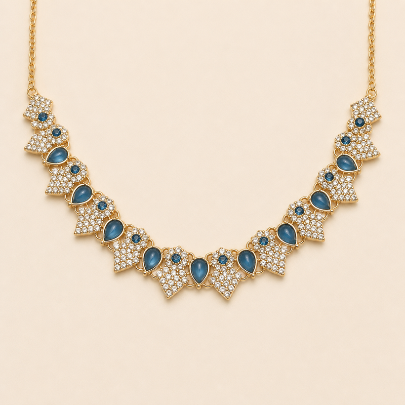 Aqua Blue Teardrop Necklace Set with Earrings & Maang Tikka