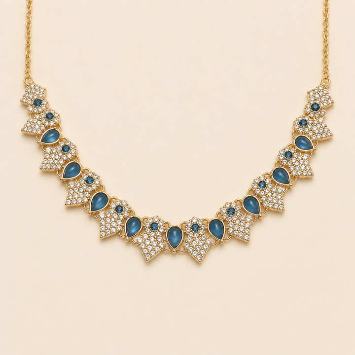 Aqua Blue Teardrop Necklace Set with Earrings & Maang Tikka