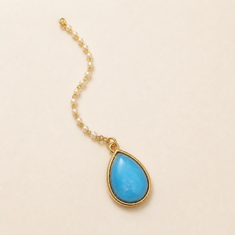Aqua Blue Teardrop Necklace Set with Earrings & Maang Tikka