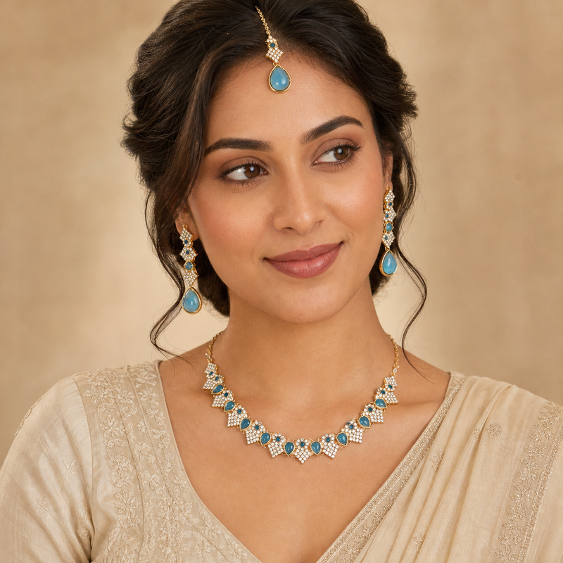 Aqua Blue Teardrop Necklace Set with Earrings & Maang Tikka