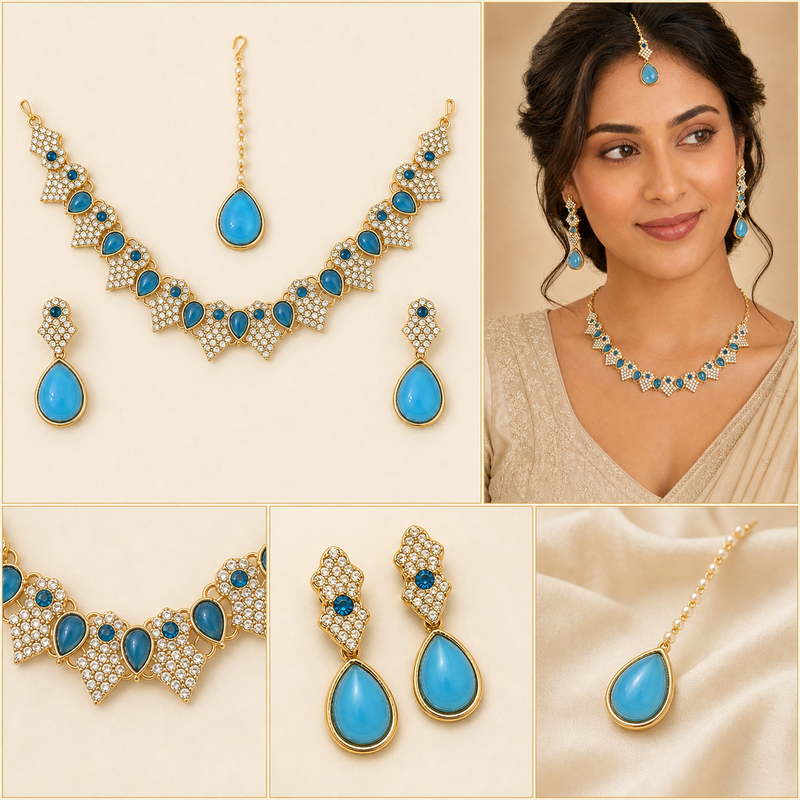 Aqua Blue Teardrop Necklace Set with Earrings & Maang Tikka