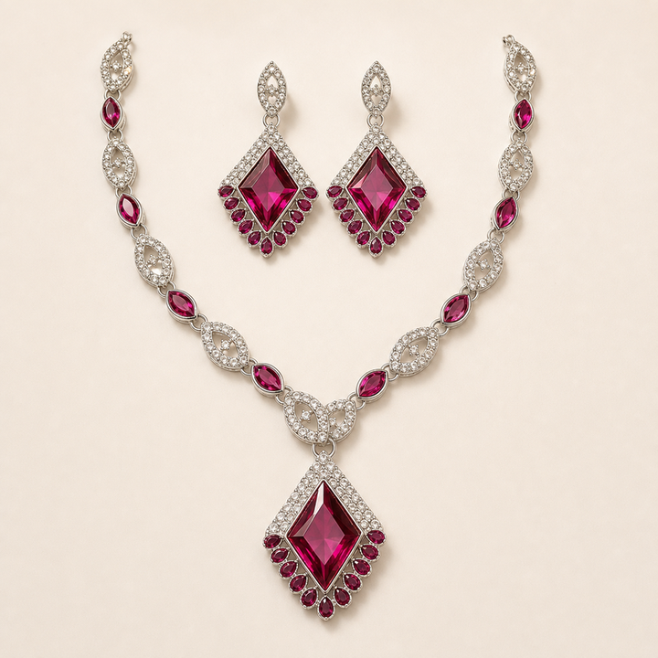 Fuchsia Diamond-Shaped Pendant Necklace & Drop Earrings Set