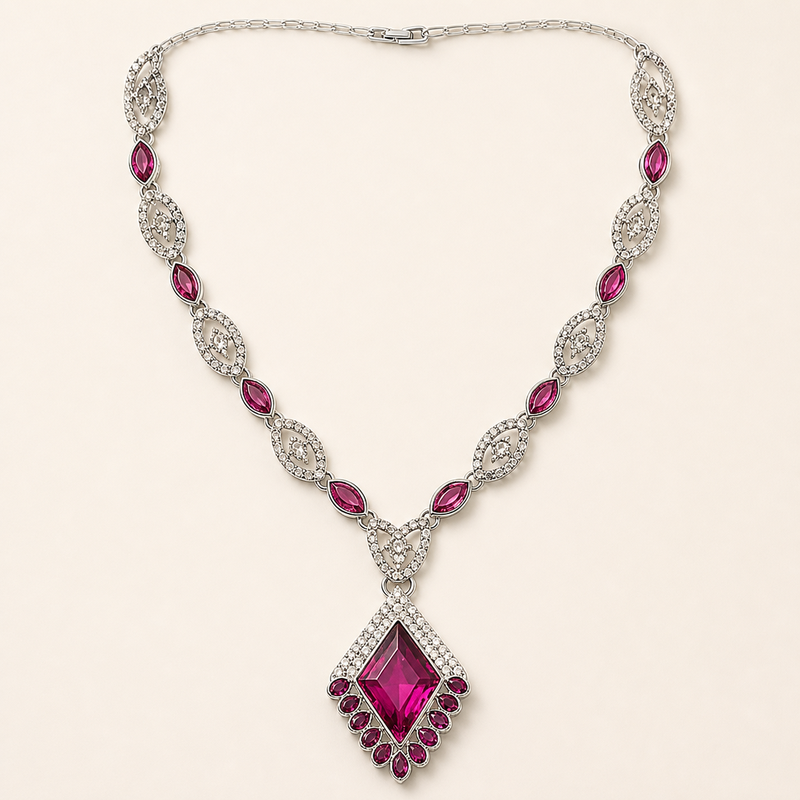 Fuchsia Diamond-Shaped Pendant Necklace & Drop Earrings Set