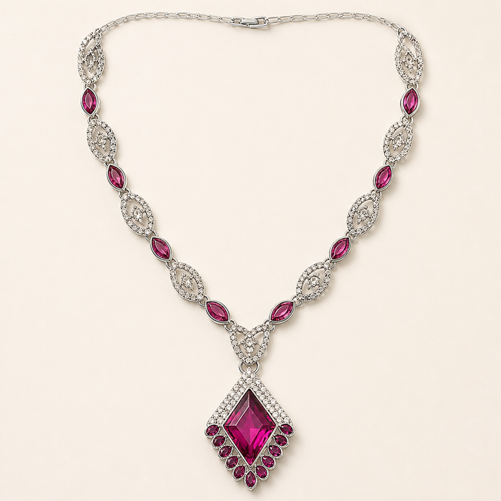Fuchsia Diamond-Shaped Pendant Necklace & Drop Earrings Set