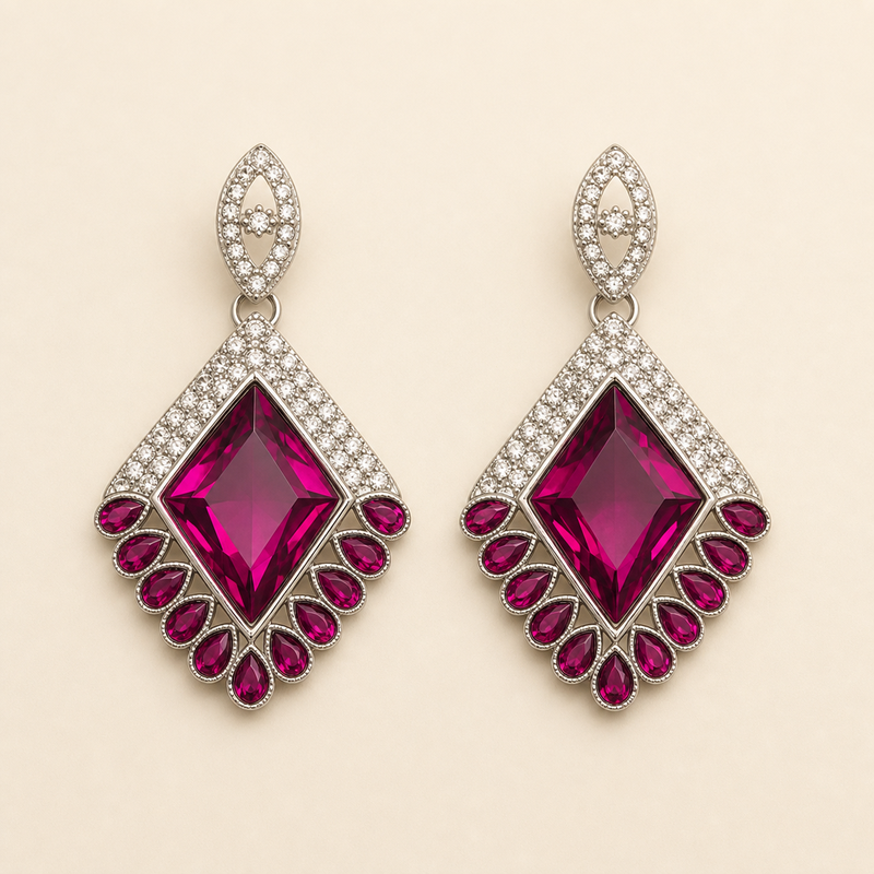 Fuchsia Diamond-Shaped Pendant Necklace & Drop Earrings Set