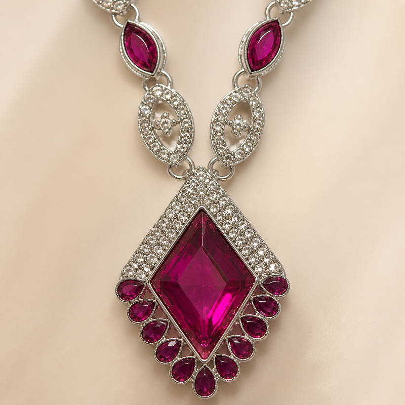Fuchsia Diamond-Shaped Pendant Necklace & Drop Earrings Set