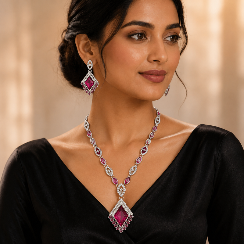 Fuchsia Diamond-Shaped Pendant Necklace & Drop Earrings Set